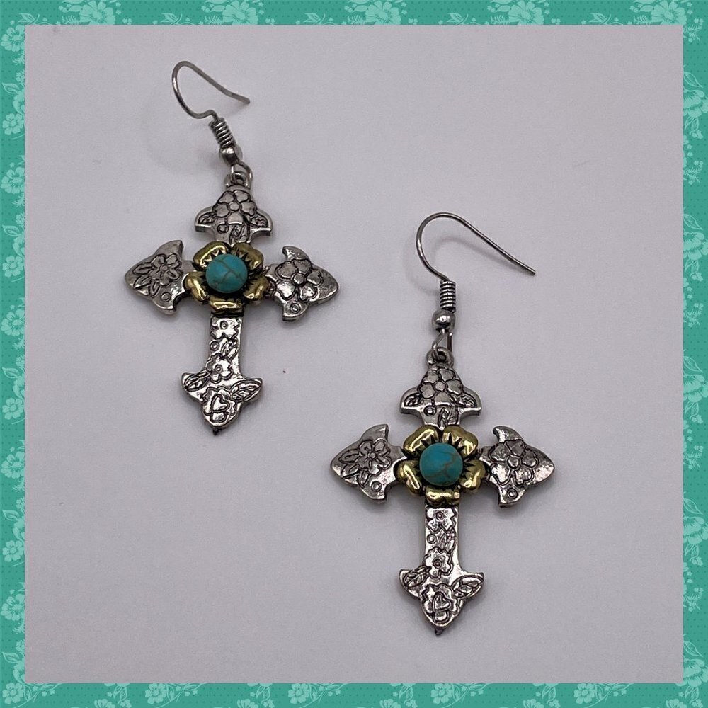 Cross Western Boho Style Silver Concho Earrings #1101